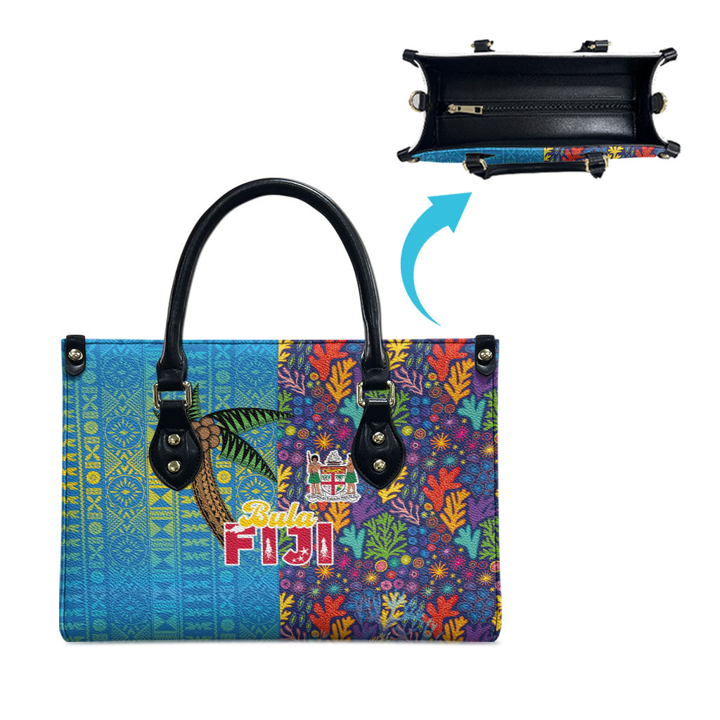 Fijian Coral Reef Leather Bag with Traditional Tapa Pattern Split Style LT03 - Polynesian Pride