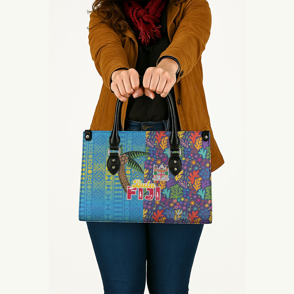 Fijian Coral Reef Leather Bag with Traditional Tapa Pattern Split Style LT03 - Polynesian Pride