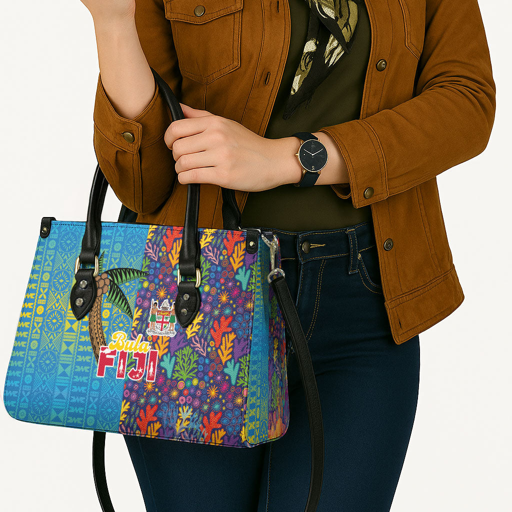 Fijian Coral Reef Leather Bag with Traditional Tapa Pattern Split Style LT03 - Polynesian Pride