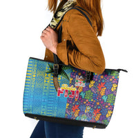 Fijian Coral Reef Leather Tote Bag with Traditional Tapa Pattern Split Style LT03 Multicolor - Polynesian Pride