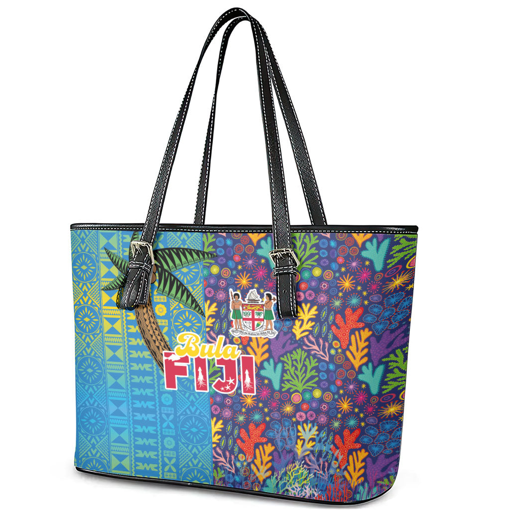 Fijian Coral Reef Leather Tote Bag with Traditional Tapa Pattern Split Style LT03 - Polynesian Pride