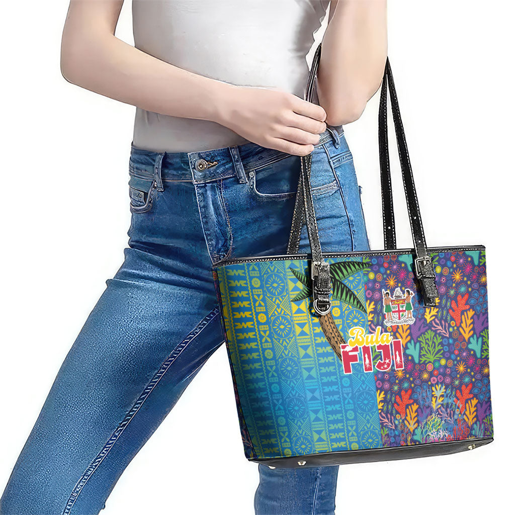 Fijian Coral Reef Leather Tote Bag with Traditional Tapa Pattern Split Style LT03 - Polynesian Pride