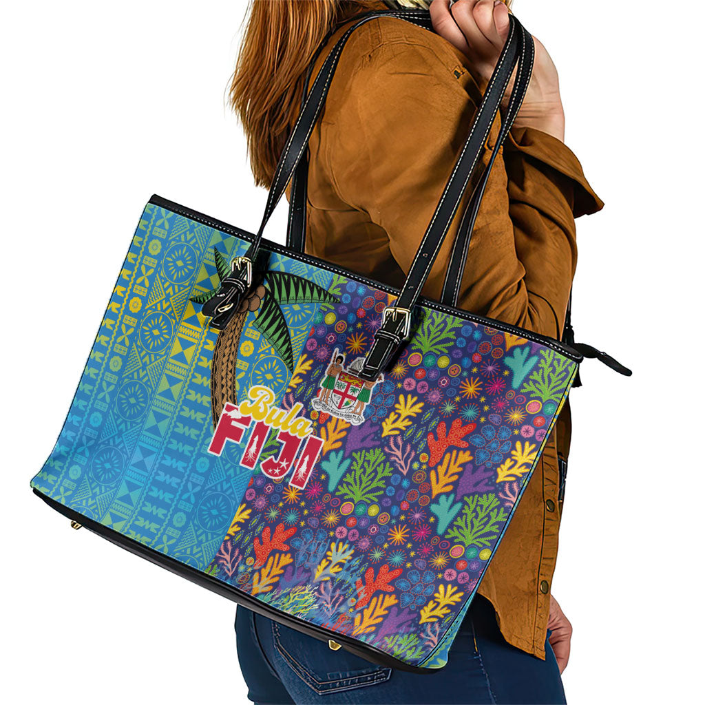 Fijian Coral Reef Leather Tote Bag with Traditional Tapa Pattern Split Style LT03 - Polynesian Pride