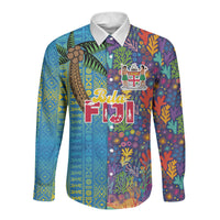 Personalised Fijian Coral Reef Long Sleeve Button Shirt with Traditional Tapa Pattern Split Style LT03 Unisex Multicolor - Polynesian Pride