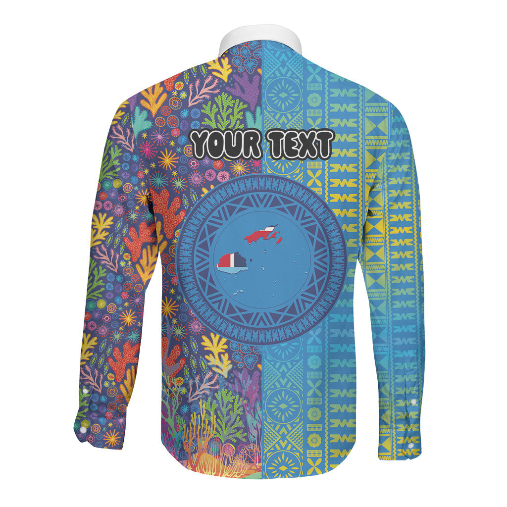 Personalised Fijian Coral Reef Long Sleeve Button Shirt with Traditional Tapa Pattern Split Style LT03 - Polynesian Pride