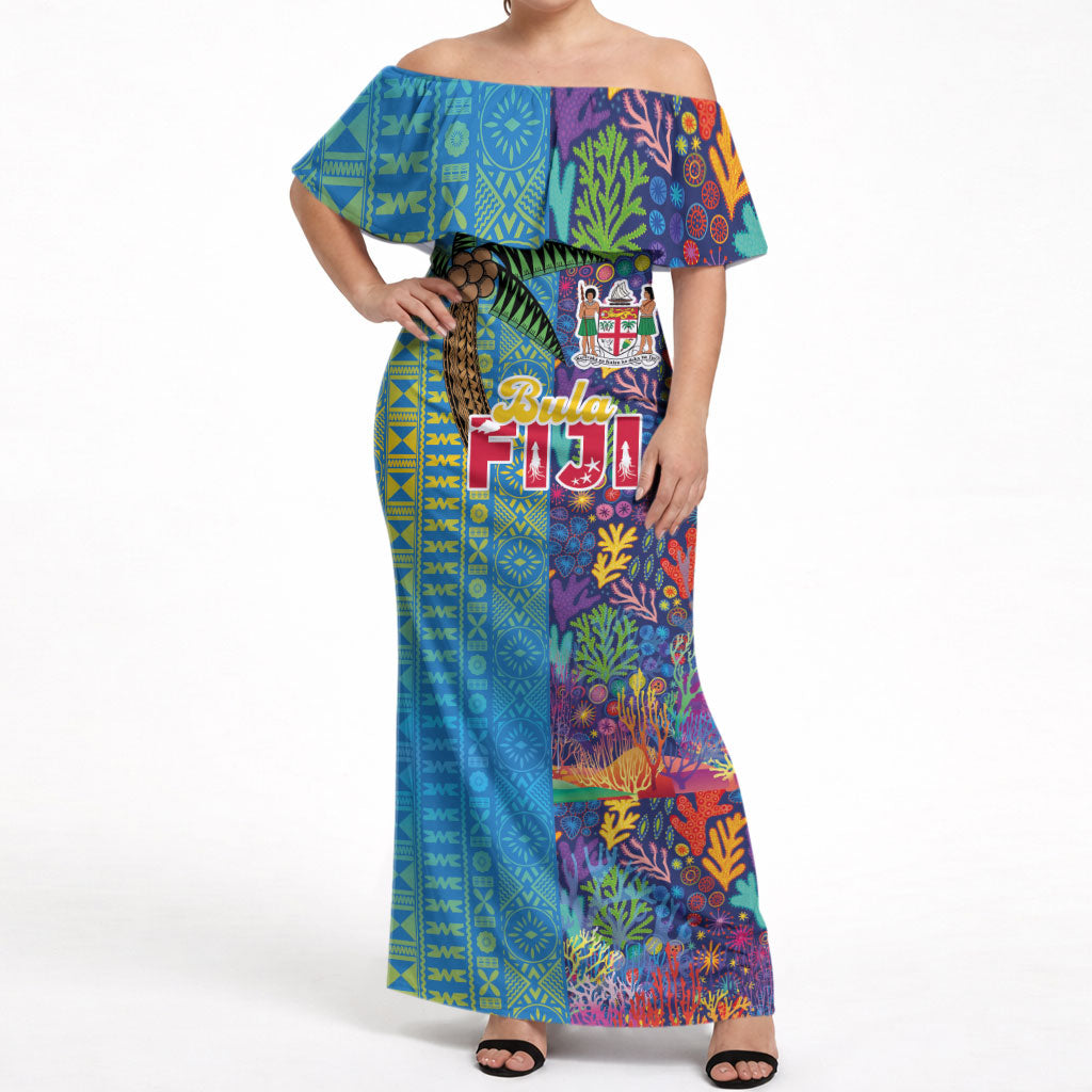 Personalised Fijian Coral Reef Off Shoulder Maxi Dress with Traditional Tapa Pattern Split Style LT03 Women Multicolor - Polynesian Pride