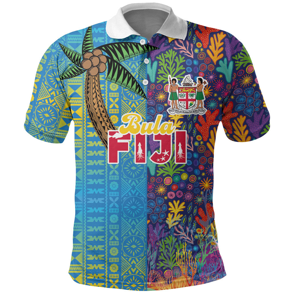 Personalised Fijian Coral Reef Polo Shirt with Traditional Tapa Pattern Split Style LT03 Multicolor - Polynesian Pride