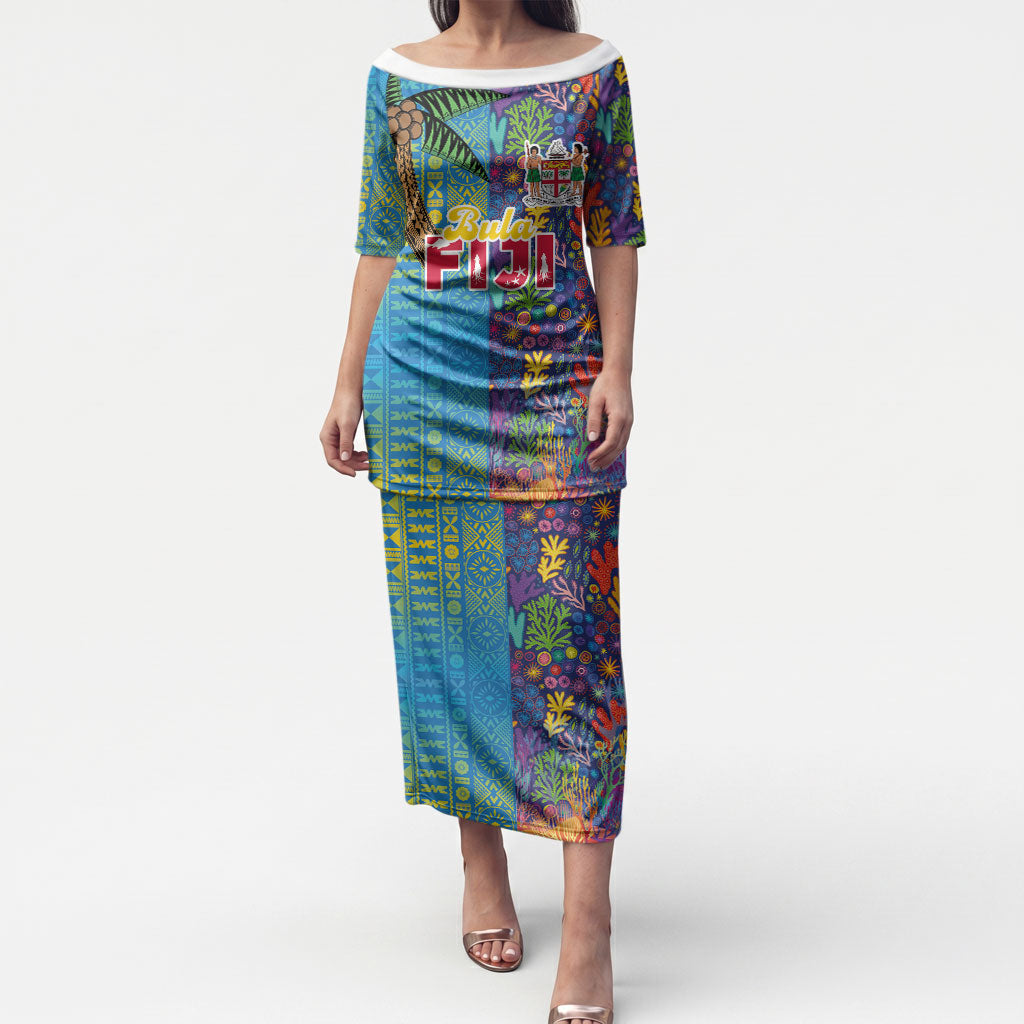 Personalised Fijian Coral Reef Puletasi with Traditional Tapa Pattern Split Style LT03 Long Dress Multicolor - Polynesian Pride