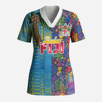 Personalised Fijian Coral Reef Scrub Top with Traditional Tapa Pattern Split Style LT03 Adult Multicolor - Polynesian Pride