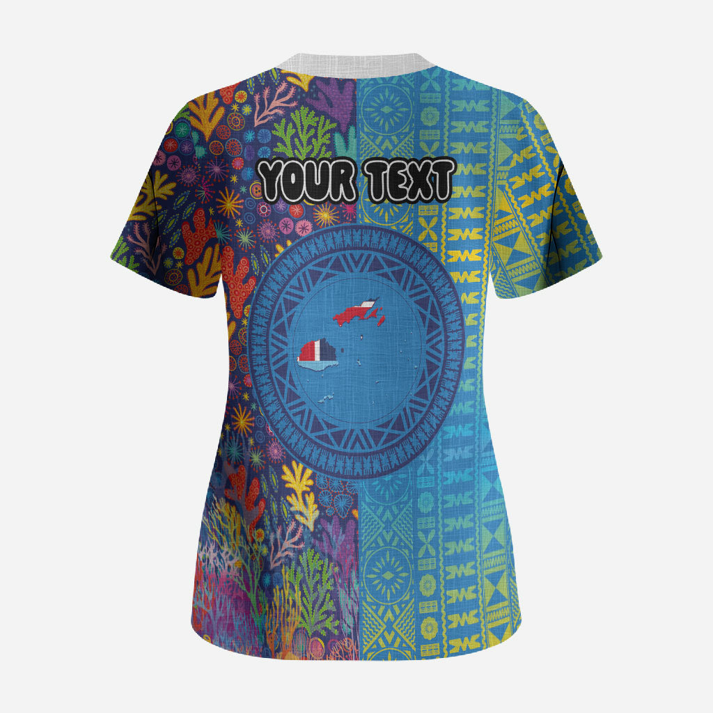 Personalised Fijian Coral Reef Scrub Top with Traditional Tapa Pattern Split Style LT03 - Polynesian Pride