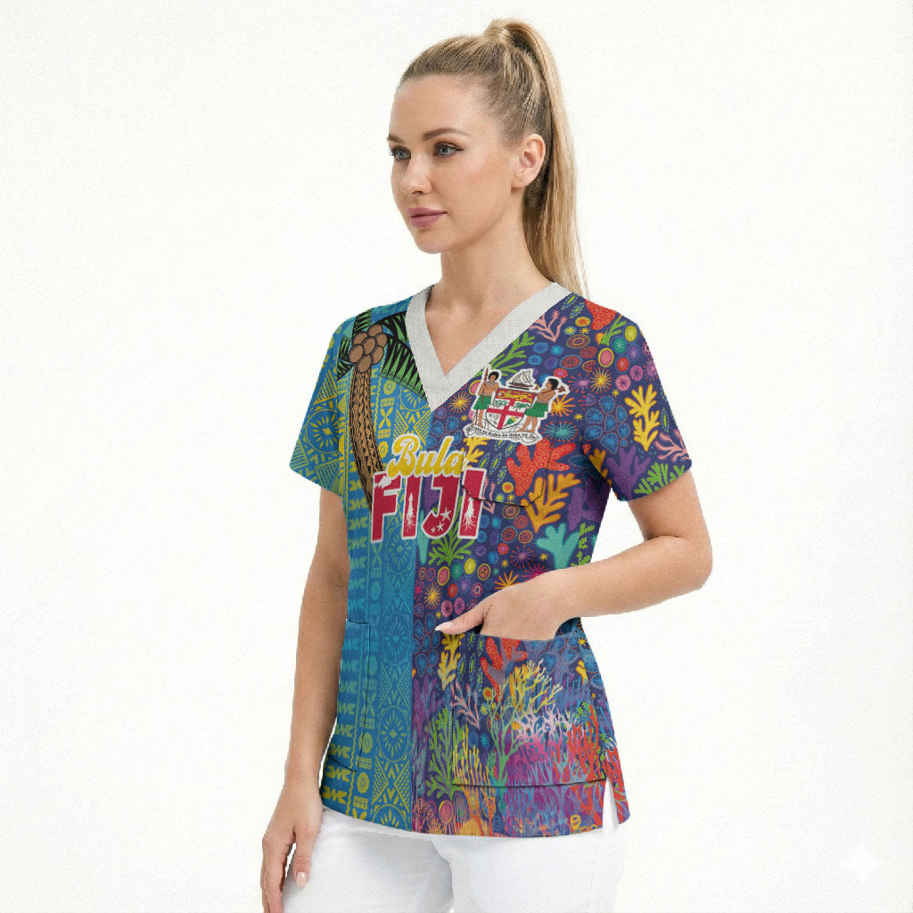 Personalised Fijian Coral Reef Scrub Top with Traditional Tapa Pattern Split Style LT03 - Polynesian Pride