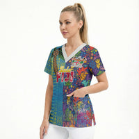 Personalised Fijian Coral Reef Scrub Top with Traditional Tapa Pattern Split Style LT03 - Polynesian Pride