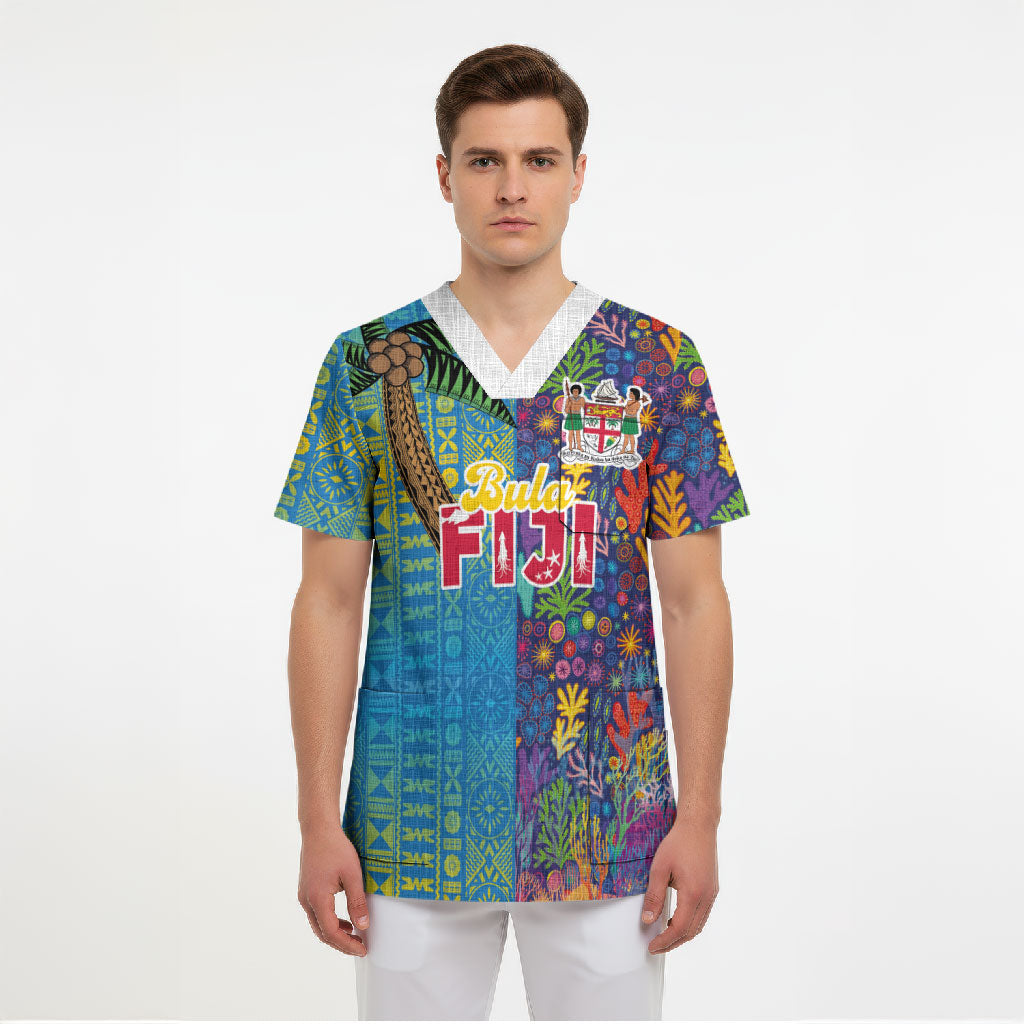 Personalised Fijian Coral Reef Scrub Top with Traditional Tapa Pattern Split Style LT03 - Polynesian Pride