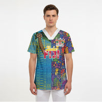 Personalised Fijian Coral Reef Scrub Top with Traditional Tapa Pattern Split Style LT03 - Polynesian Pride