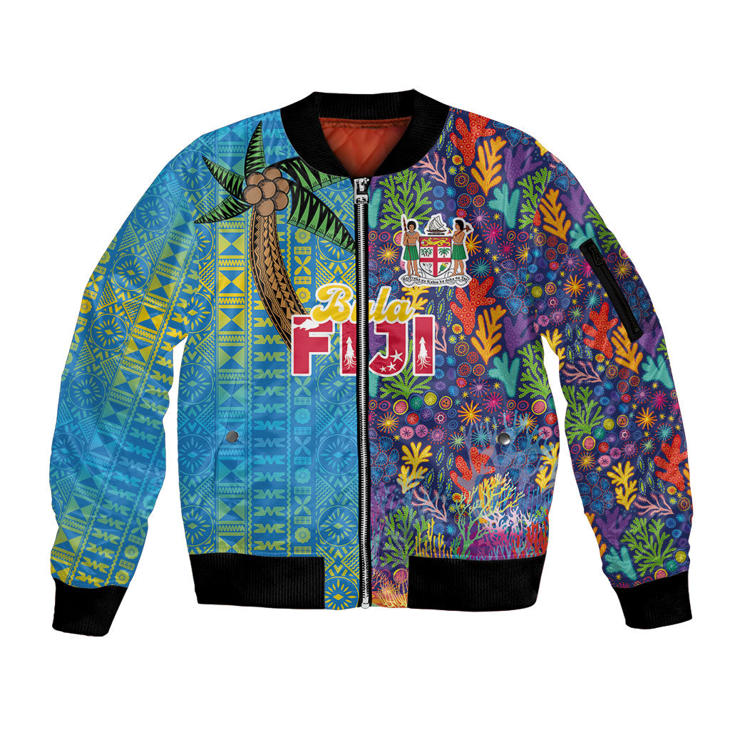 Personalised Fijian Coral Reef Sleeve Zip Bomber Jacket with Traditional Tapa Pattern Split Style LT03 Unisex Multicolor - Polynesian Pride