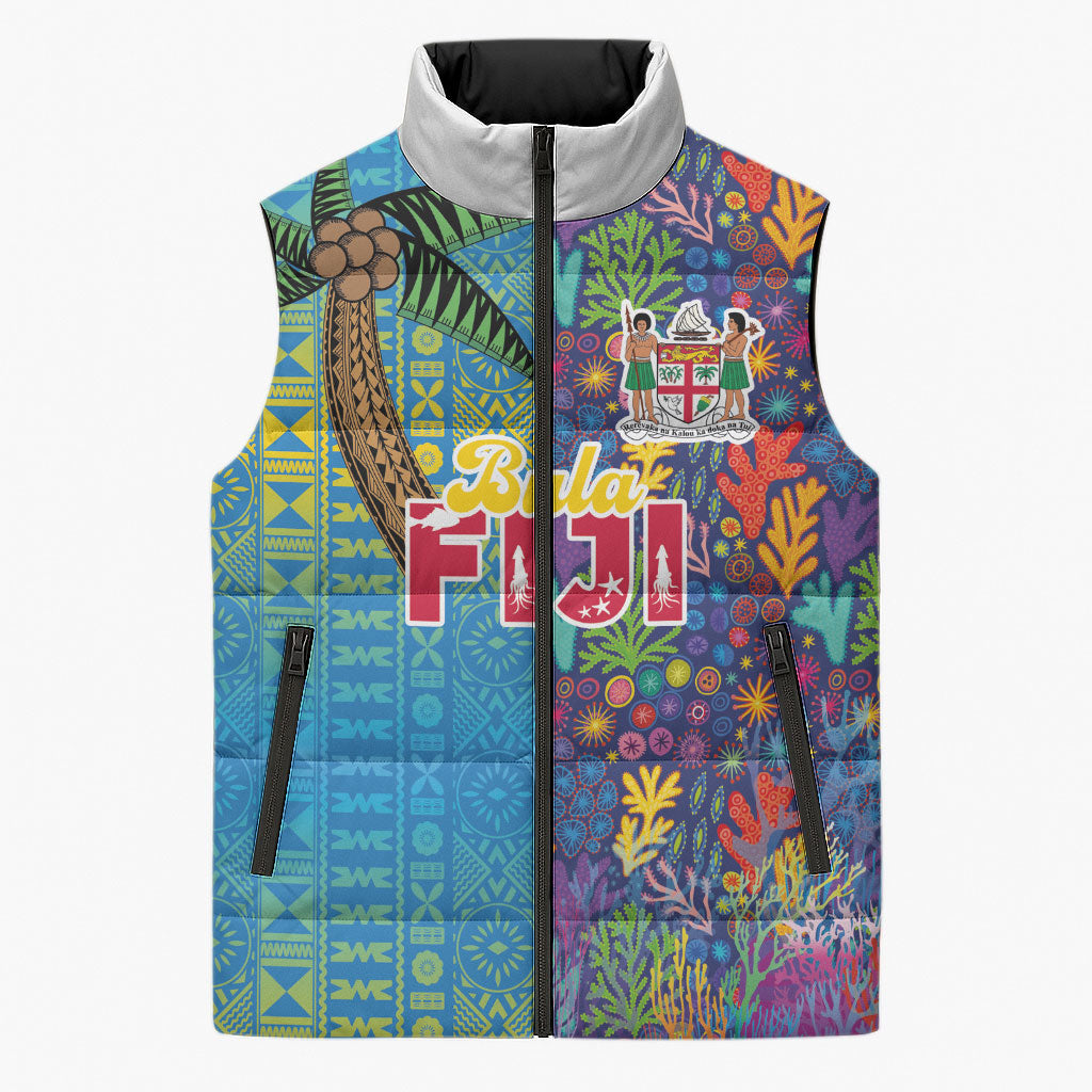 Personalised Fijian Coral Reef Sleeveless Puffer Jacket with Traditional Tapa Pattern Split Style LT03 Unisex Multicolor - Polynesian Pride