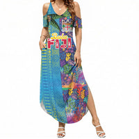 Personalised Fijian Coral Reef Summer Maxi Dress with Traditional Tapa Pattern Split Style LT03 Women Multicolor - Polynesian Pride