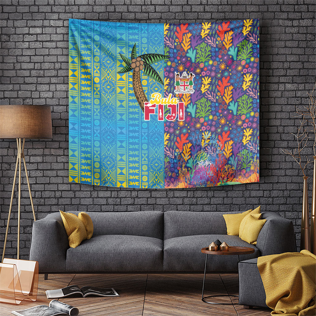 Fijian Coral Reef Tapestry with Traditional Tapa Pattern Split Style LT03 Multicolor - Polynesian Pride