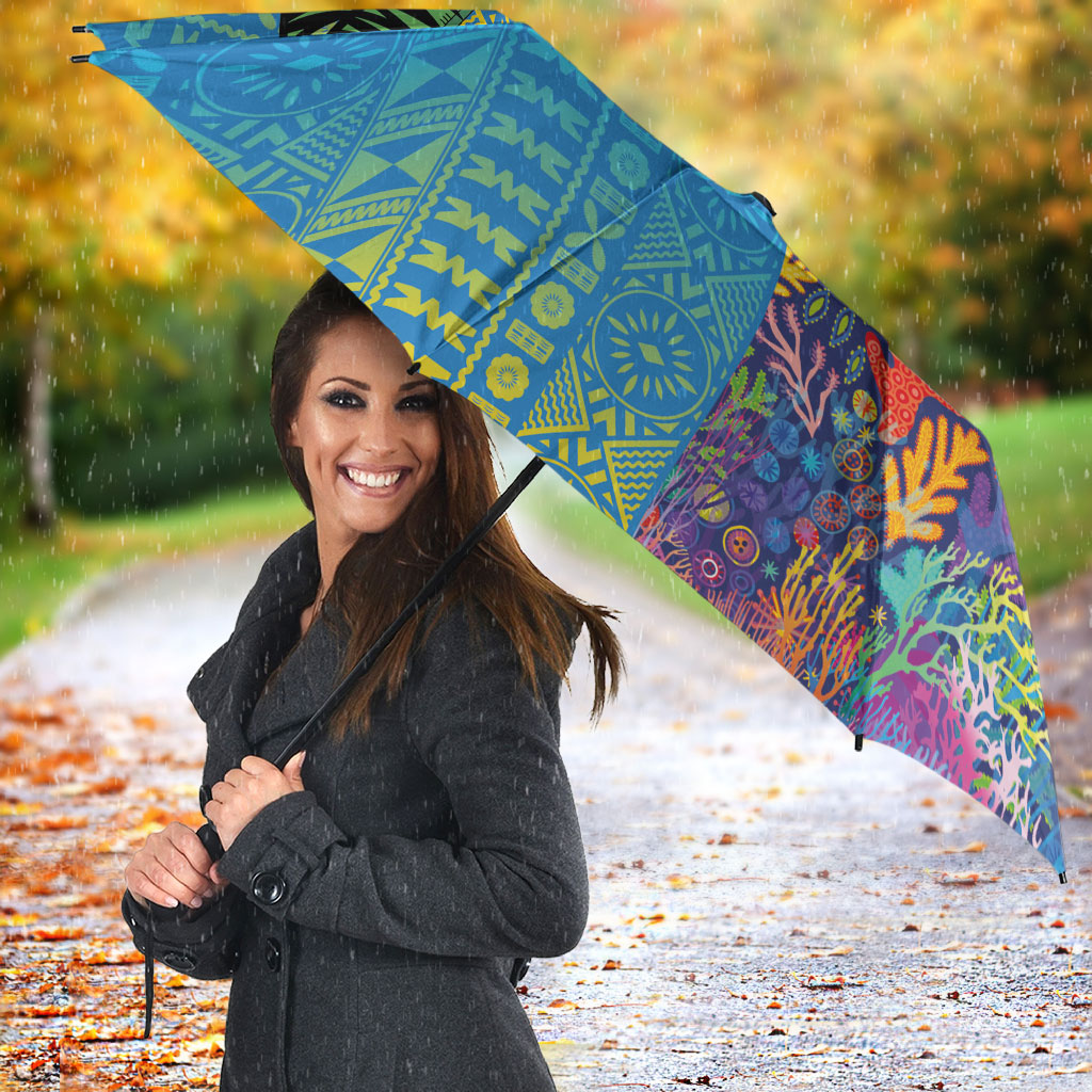 Fijian Coral Reef Umbrella with Traditional Tapa Pattern Split Style LT03 - Polynesian Pride