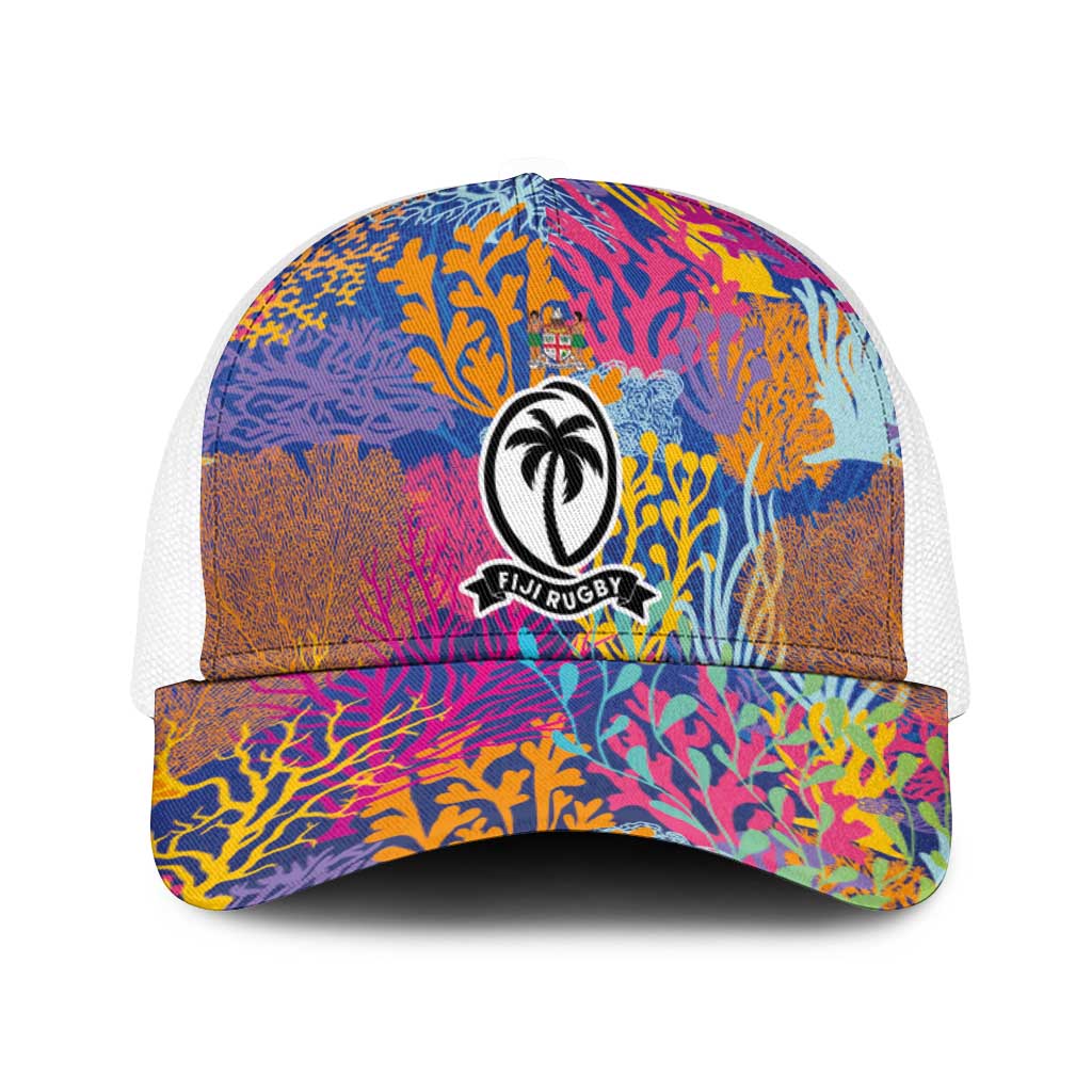 Fijian Rugby Baseball Net Cap Colorful Coral Reef Pre Match Design LT03 One Size White Multicolor - Polynesian Pride