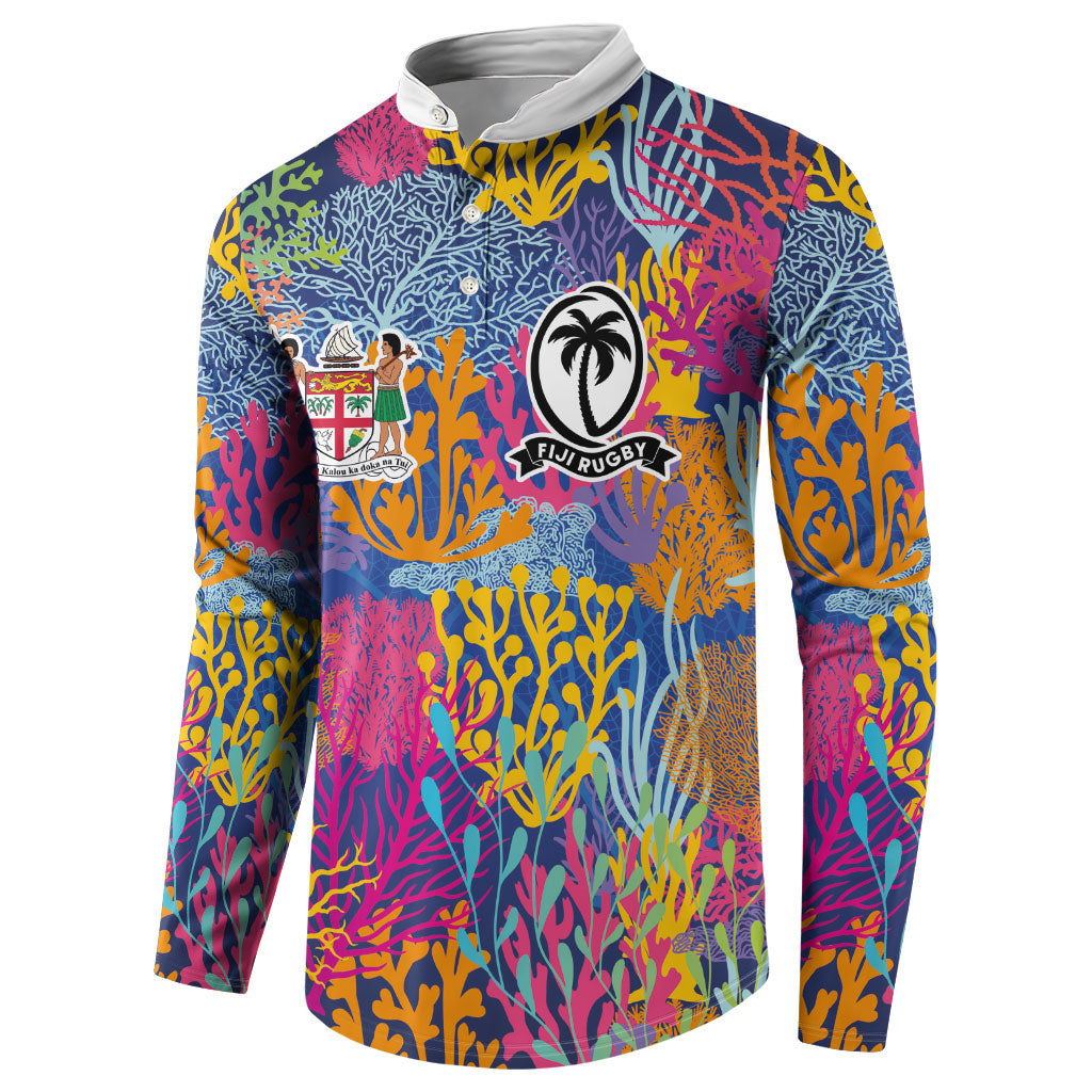Custom Fijian Rugby Button Sweatshirt Colorful Coral Reef Pre Match Design LT03 - Polynesian Pride