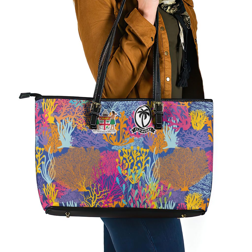 Fijian Rugby Leather Tote Bag Colorful Coral Reef Pre Match Design LT03 - Polynesian Pride