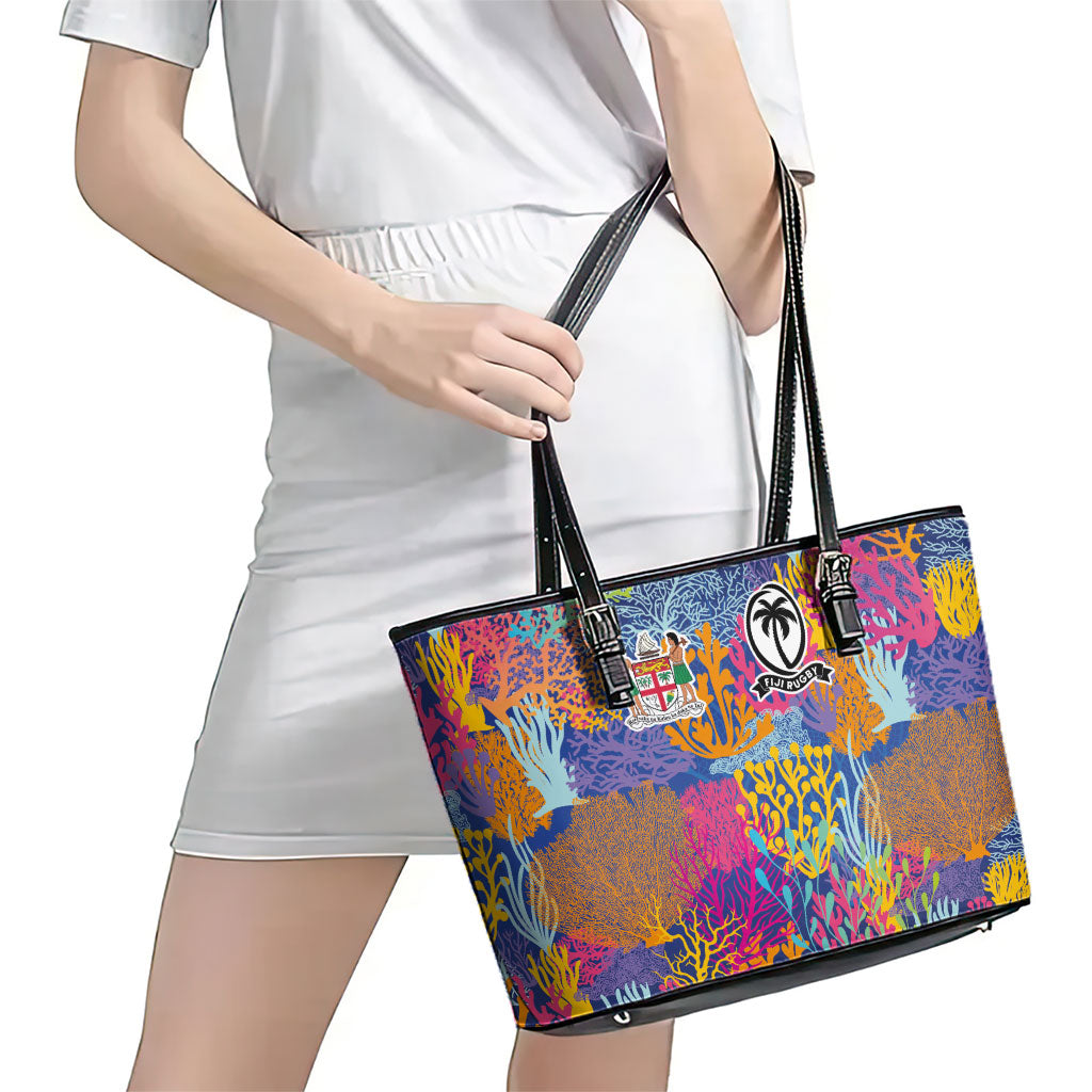 Fijian Rugby Leather Tote Bag Colorful Coral Reef Pre Match Design LT03 - Polynesian Pride