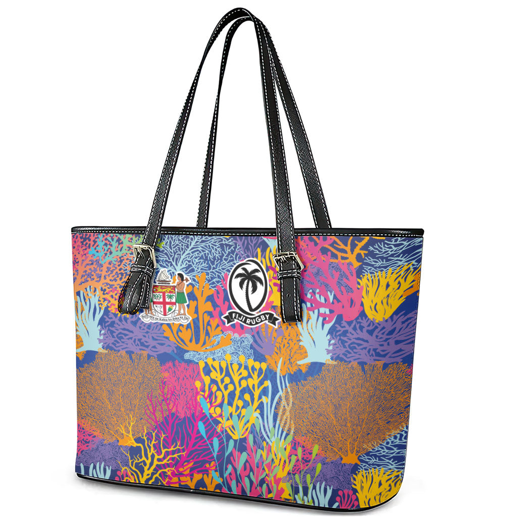 Fijian Rugby Leather Tote Bag Colorful Coral Reef Pre Match Design LT03 - Polynesian Pride