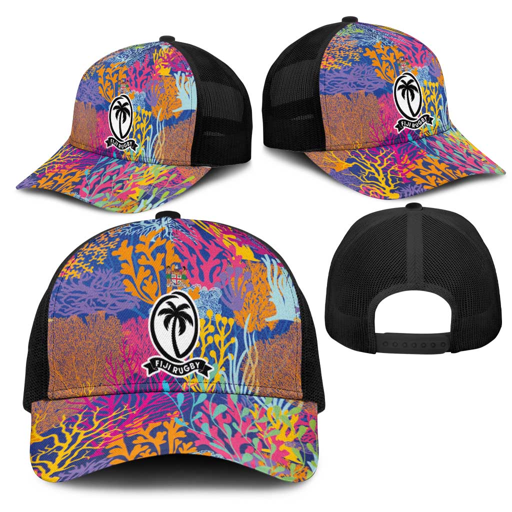 Fijian Rugby Mesh Trucker Cap Colorful Coral Reef Pre Match Design LT03 - Polynesian Pride
