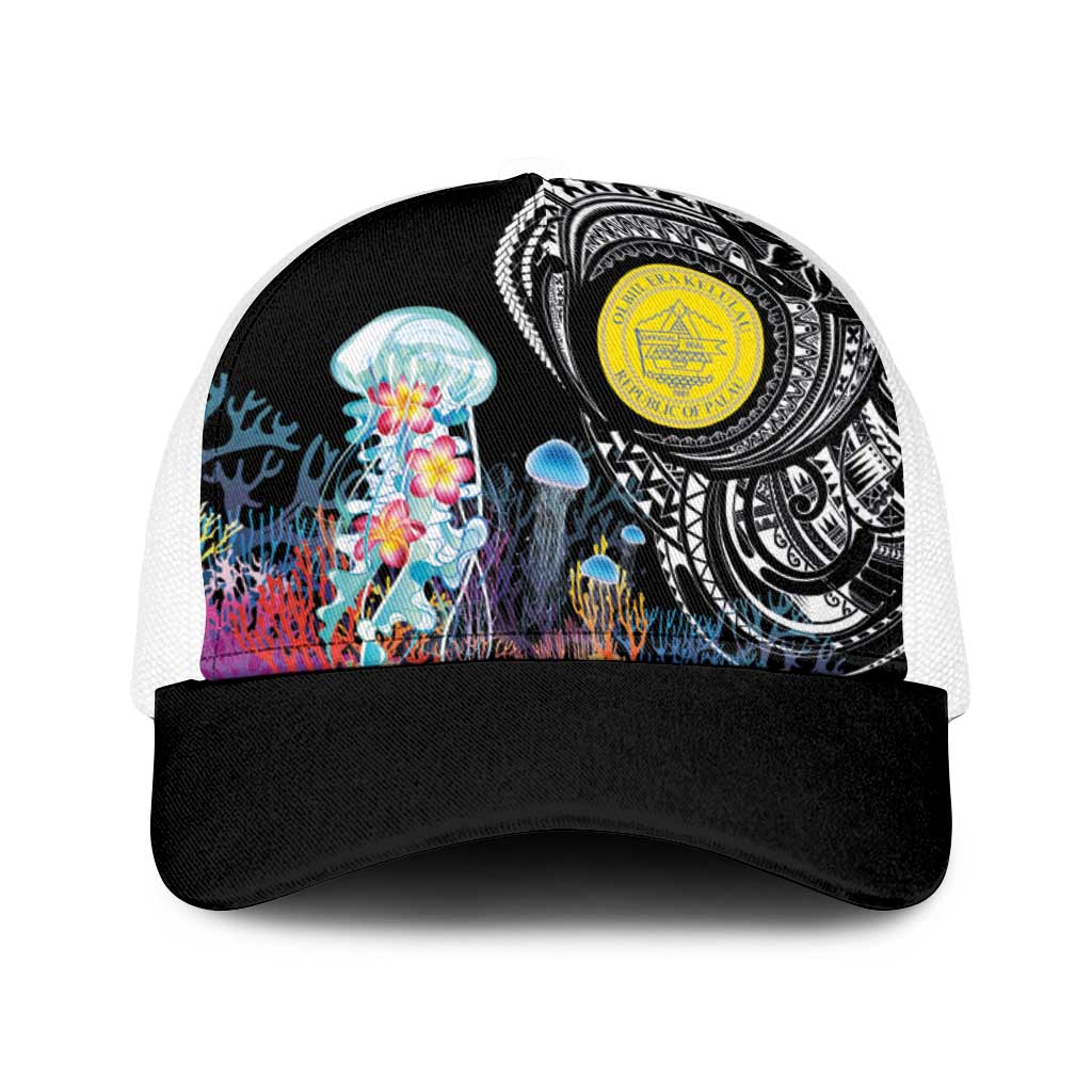 Palau Jellyfish Baseball Net Cap Coral Reef with Polynesian Pattern LT03 One Size White Black - Polynesian Pride