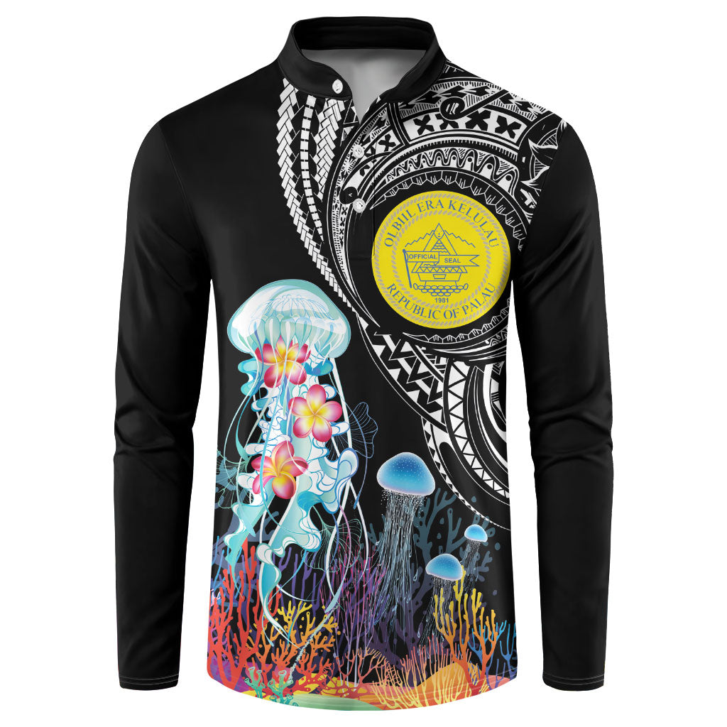 Palau Jellyfish Button Sweatshirt Coral Reef with Polynesian Pattern LT03 Black - Polynesian Pride