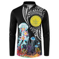 Palau Jellyfish Button Sweatshirt Coral Reef with Polynesian Pattern LT03 Black - Polynesian Pride
