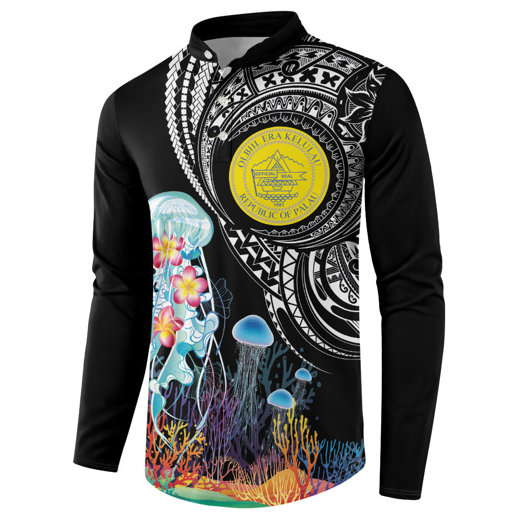 Palau Jellyfish Button Sweatshirt Coral Reef with Polynesian Pattern LT03 - Polynesian Pride