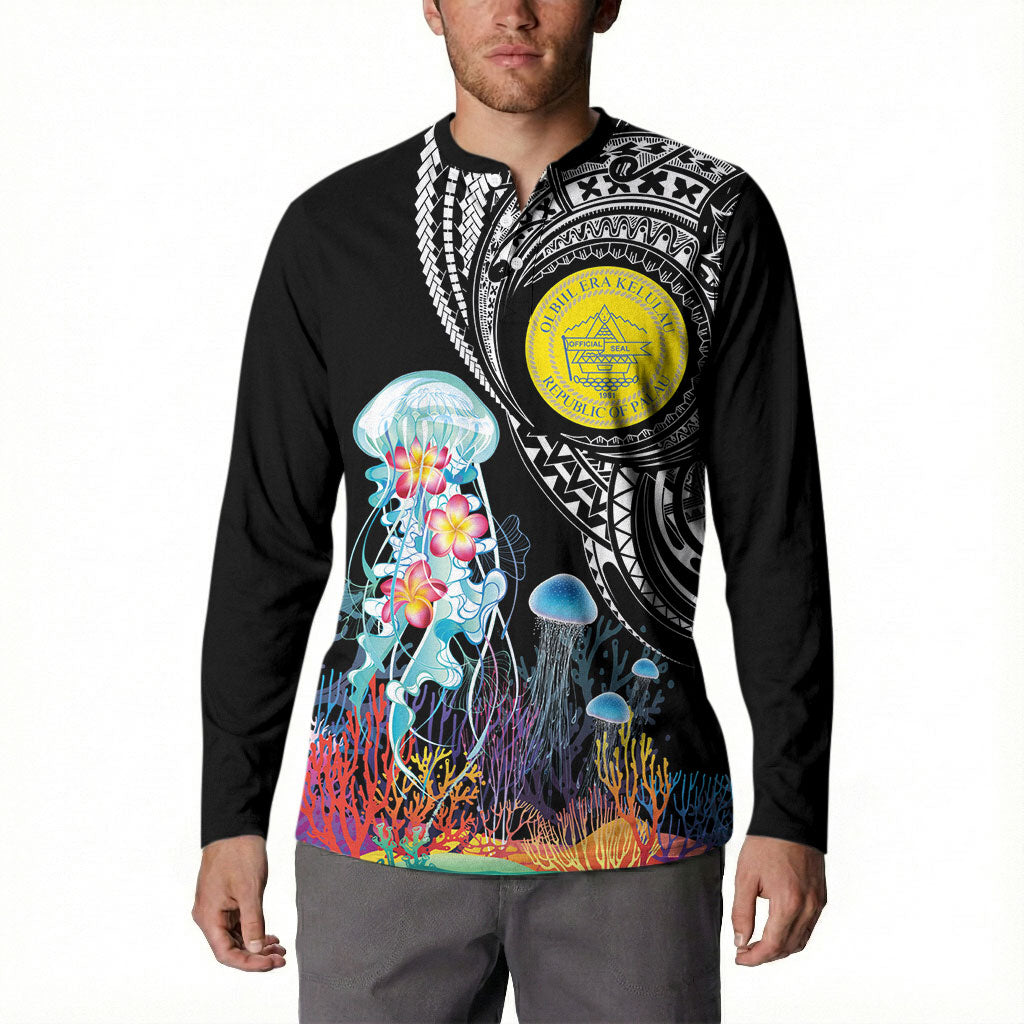 Palau Jellyfish Button Sweatshirt Coral Reef with Polynesian Pattern LT03 - Polynesian Pride
