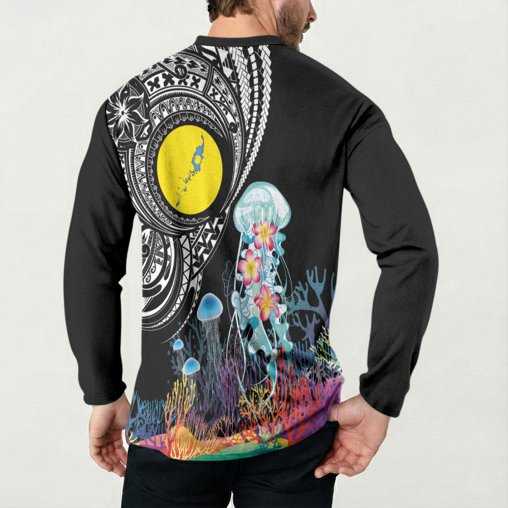 Palau Jellyfish Button Sweatshirt Coral Reef with Polynesian Pattern LT03 - Polynesian Pride