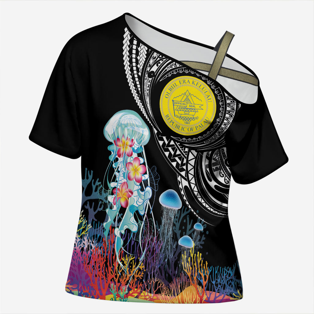 Palau Jellyfish Cross Shoulder Shirt Coral Reef with Polynesian Pattern LT03 Female Black - Polynesian Pride