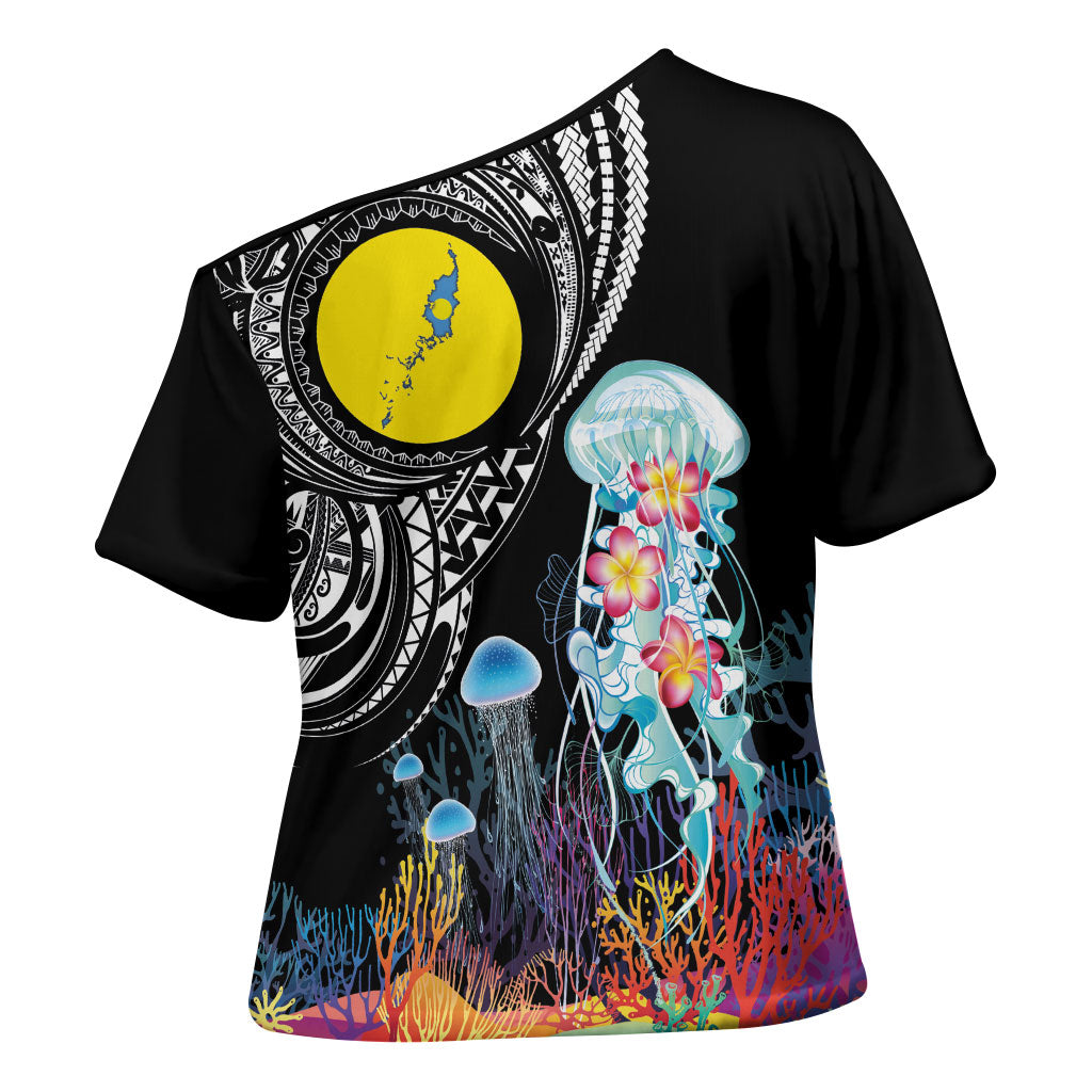 Palau Jellyfish Cross Shoulder Shirt Coral Reef with Polynesian Pattern LT03 - Polynesian Pride