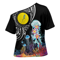 Palau Jellyfish Cross Shoulder Shirt Coral Reef with Polynesian Pattern LT03 - Polynesian Pride