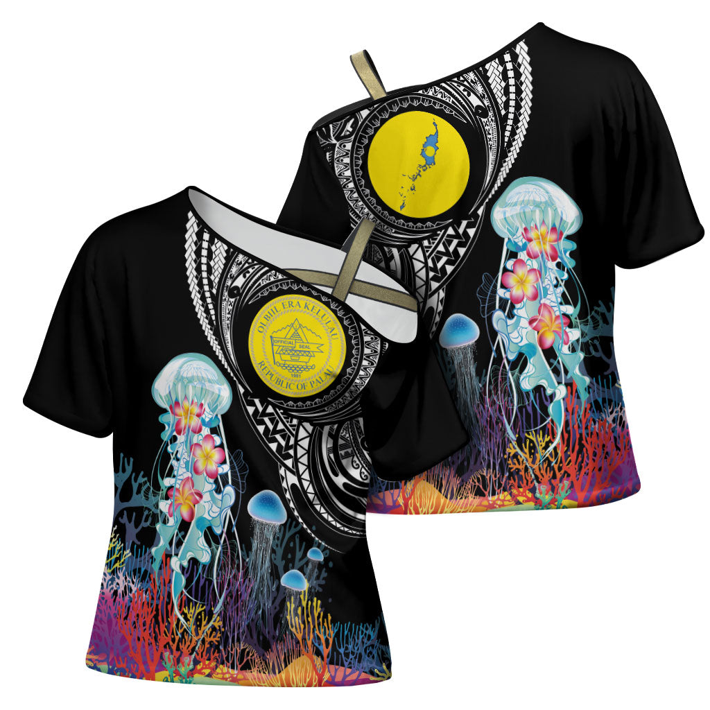 Palau Jellyfish Cross Shoulder Shirt Coral Reef with Polynesian Pattern LT03 - Polynesian Pride