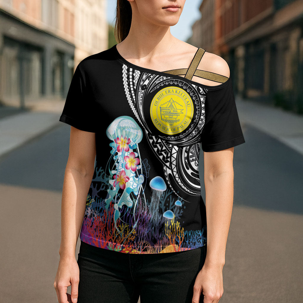 Palau Jellyfish Cross Shoulder Shirt Coral Reef with Polynesian Pattern LT03 - Polynesian Pride