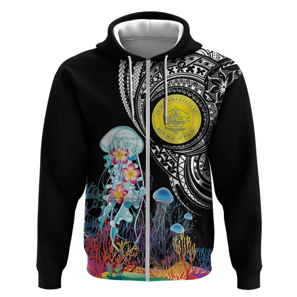 Palau Jellyfish Hoodie Coral Reef with Polynesian Pattern LT03 Zip Hoodie Black - Polynesian Pride