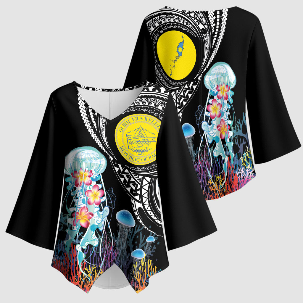 Palau Jellyfish Kimono Sleeve Blouse Coral Reef with Polynesian Pattern LT03 - Polynesian Pride