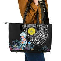 Palau Jellyfish Leather Tote Bag Coral Reef with Polynesian Pattern LT03 - Polynesian Pride