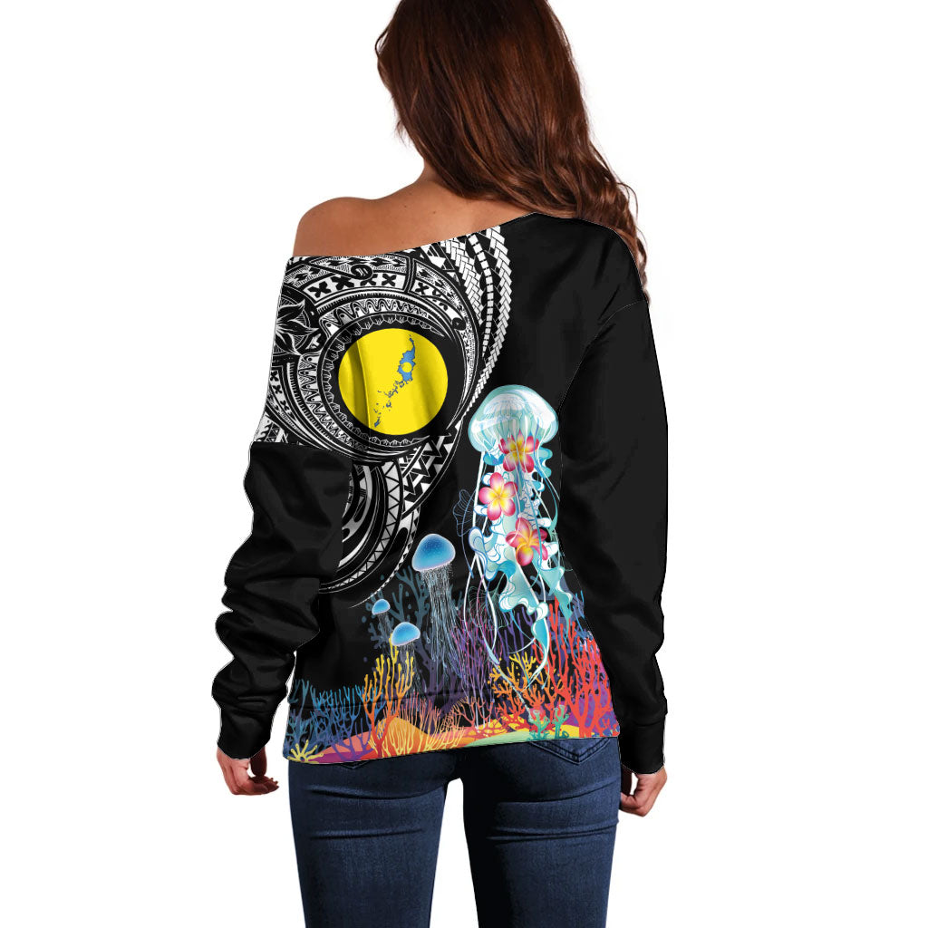Palau Jellyfish Off Shoulder Sweater Coral Reef with Polynesian Pattern LT03 - Polynesian Pride