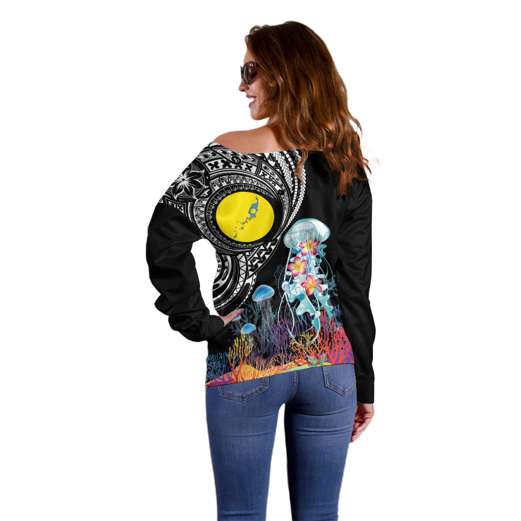 Palau Jellyfish Off Shoulder Sweater Coral Reef with Polynesian Pattern LT03 - Polynesian Pride