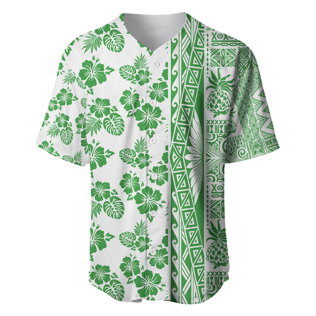 Hawaii Baseball Jersey Aloha Tropical Plants Tribal Pattern Green Version LT03 Green - Polynesian Pride