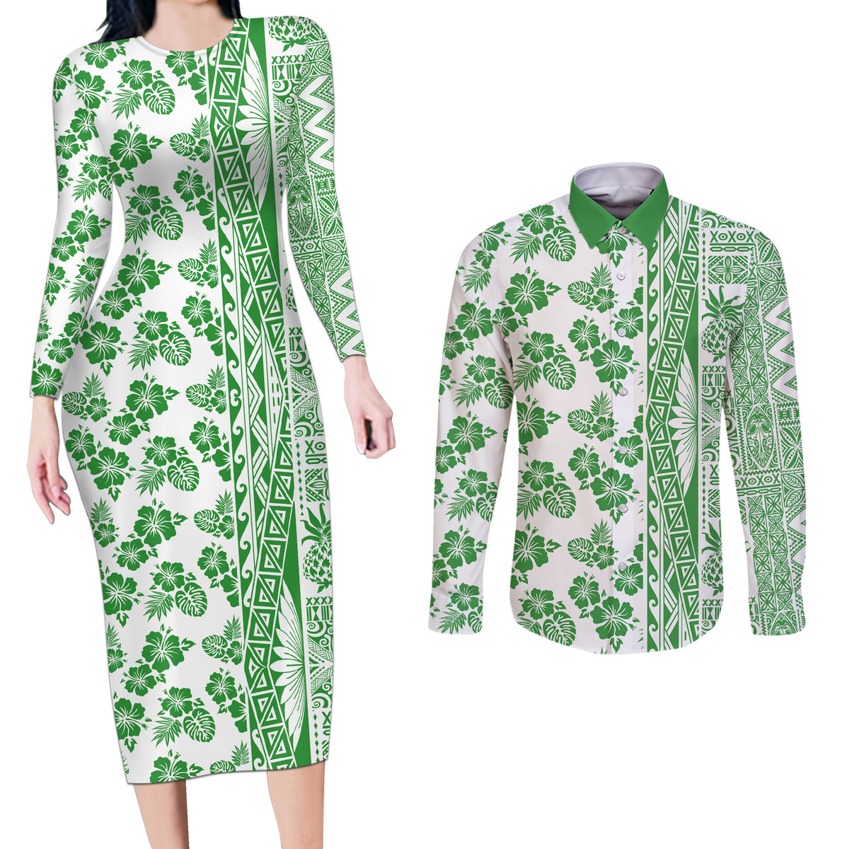 Hawaii Couples Matching Long Sleeve Bodycon Dress and Long Sleeve Button Shirt Aloha Tropical Plants Tribal Pattern Green Version LT03 Green - Polynesian Pride