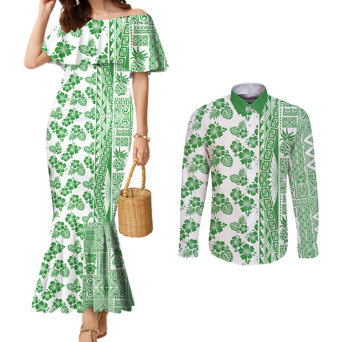 Hawaii Couples Matching Mermaid Dress and Long Sleeve Button Shirt Aloha Tropical Plants Tribal Pattern Green Version LT03 Green - Polynesian Pride