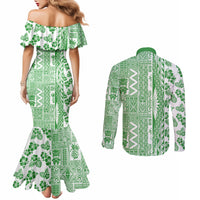 Hawaii Couples Matching Mermaid Dress and Long Sleeve Button Shirt Aloha Tropical Plants Tribal Pattern Green Version LT03 - Polynesian Pride