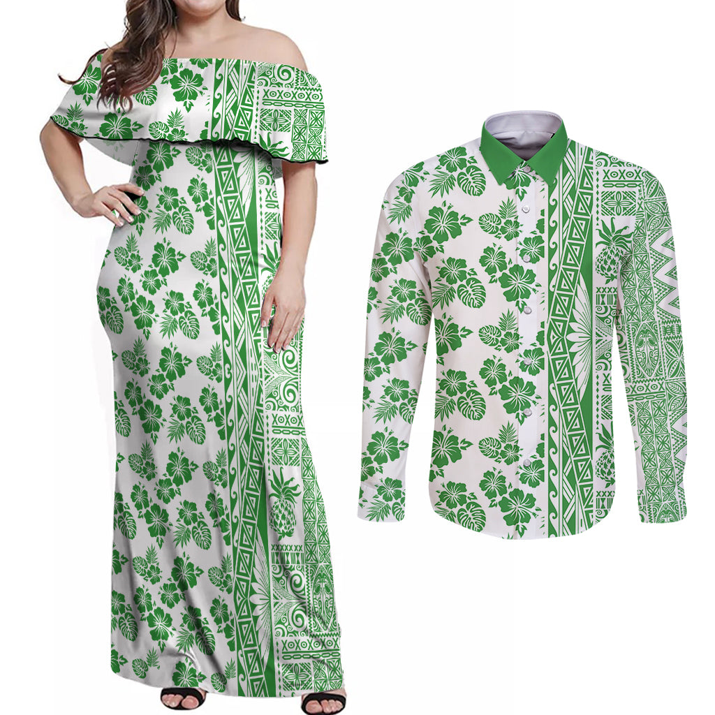 Hawaii Couples Matching Off Shoulder Maxi Dress and Long Sleeve Button Shirt Aloha Tropical Plants Tribal Pattern Green Version LT03 Green - Polynesian Pride
